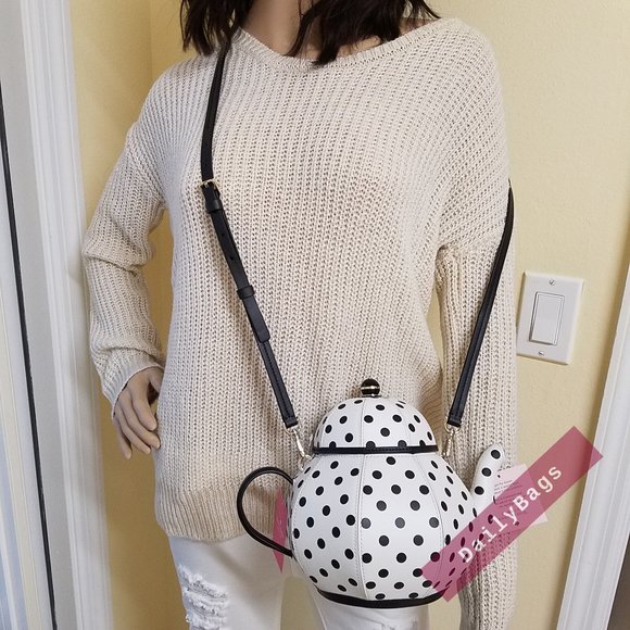 NWT KATE SPADE 100% AUTHENTIC TEAPOT CROSSBODY BLACK POLKA DOTS WHITE TEAPOT - Picture 3 of 10